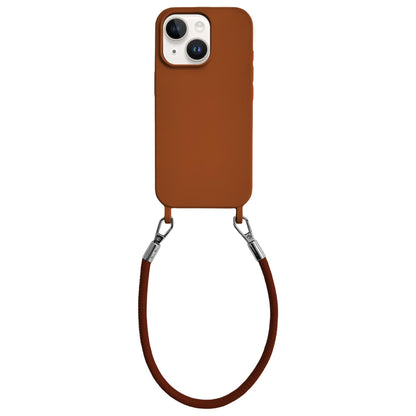 For iPhone 13 Integrated Lanyard Loops Shockproof Silicone Phone Case with Leather Hand Lanyard - Brown - EDA009745919I
