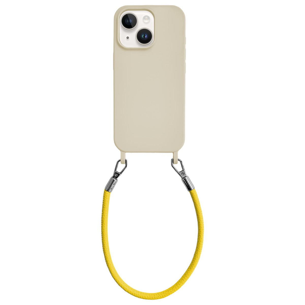 For iPhone 13 Integrated Lanyard Loops Shockproof Silicone Phone Case with Leather Hand Lanyard - Beige + Yellow - EDA009745919O
