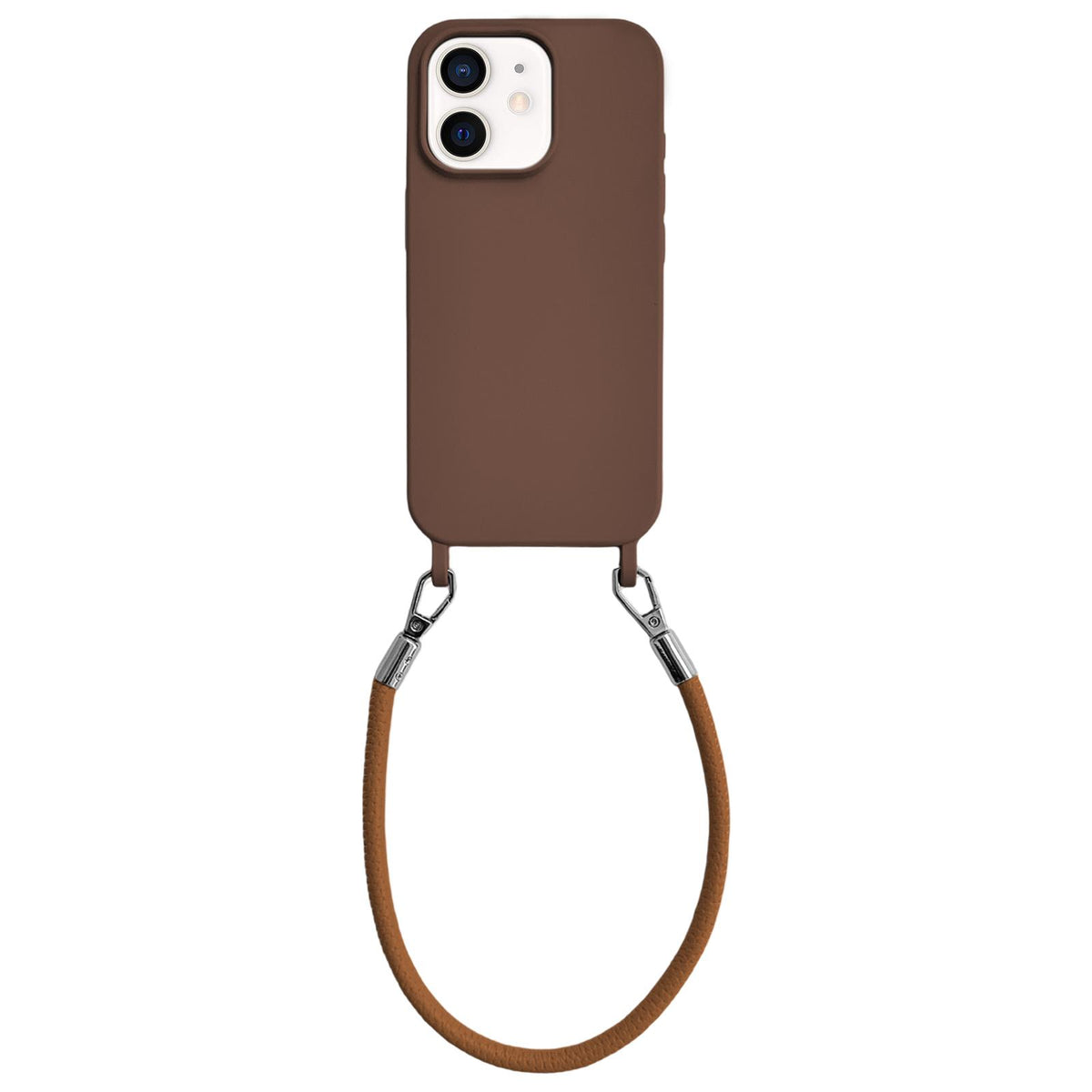 For iPhone 12 Integrated Lanyard Loops Shockproof Silicone Phone Case with Leather Hand Lanyard - Coffee - EDA009745920C