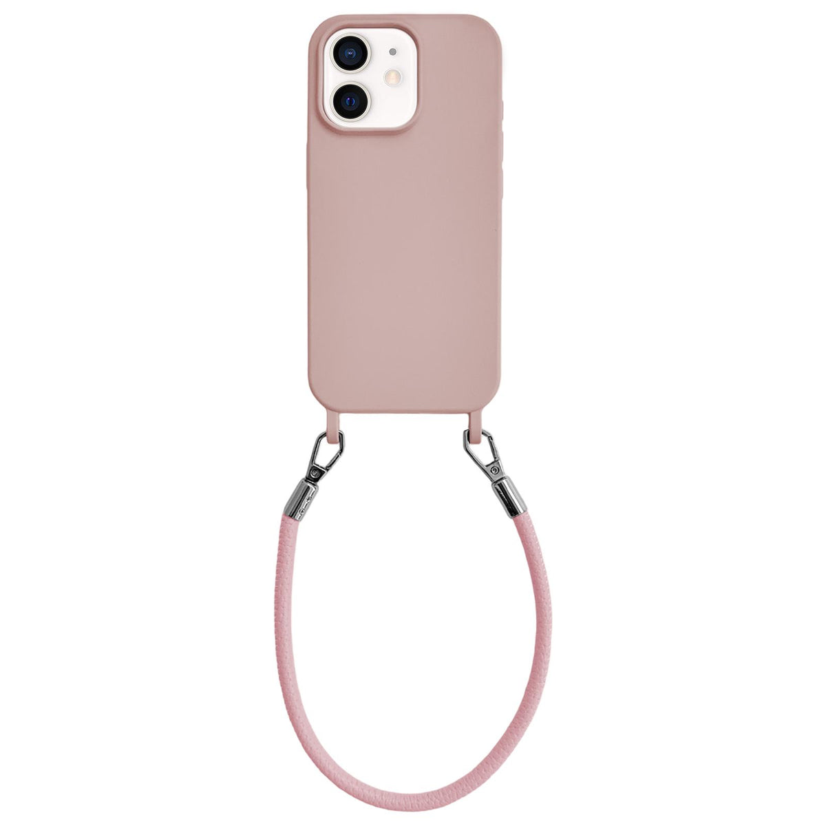 For iPhone 12 Integrated Lanyard Loops Shockproof Silicone Phone Case with Leather Hand Lanyard - Pink - EDA009745920E