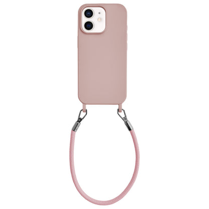 For iPhone 12 Integrated Lanyard Loops Shockproof Silicone Phone Case with Leather Hand Lanyard - Pink - EDA009745920E