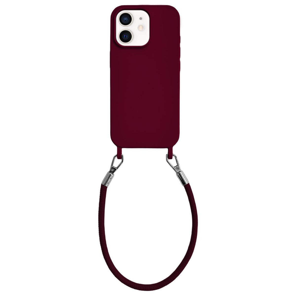 For iPhone 12 Integrated Lanyard Loops Shockproof Silicone Phone Case with Leather Hand Lanyard - Wine Red - EDA009745920H