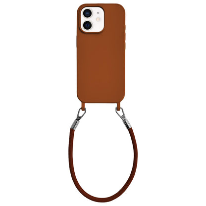 For iPhone 12 Integrated Lanyard Loops Shockproof Silicone Phone Case with Leather Hand Lanyard - Brown - EDA009745920I