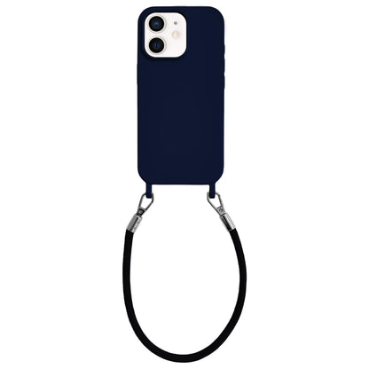 For iPhone 12 Integrated Lanyard Loops Shockproof Silicone Phone Case with Leather Hand Lanyard - Dark Blue - EDA009745920L