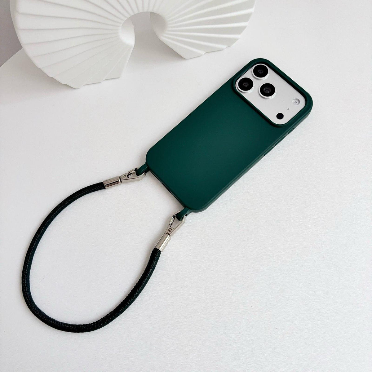 For iPhone 12 Pro Integrated Lanyard Loops Shockproof Silicone Phone Case with Leather Hand Lanyard - Dark Green - EDA009745922M