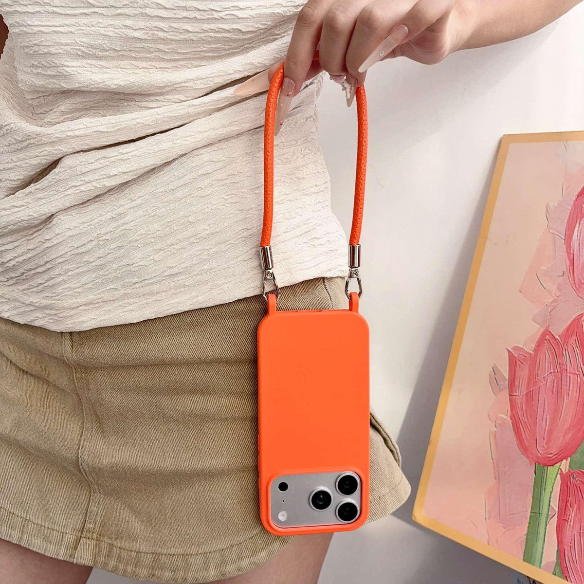 For iPhone 12 Pro Integrated Lanyard Loops Shockproof Silicone Phone Case with Leather Hand Lanyard - Orange - EDA009745922R