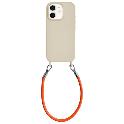 For iPhone 11 Integrated Lanyard Loops Shockproof Silicone Phone Case with Leather Hand Lanyard - Beige + Orange - EDA009745923N
