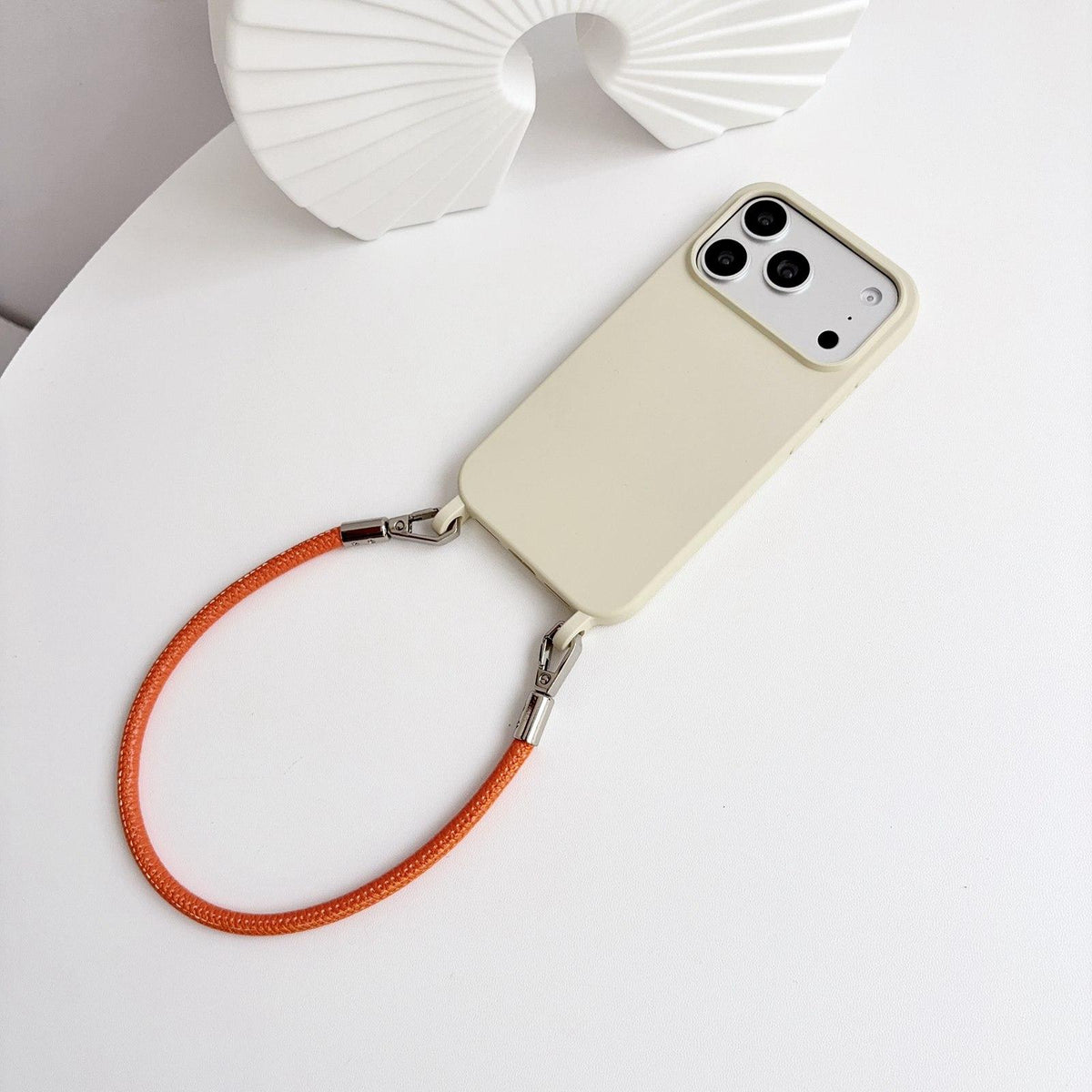 For iPhone 11 Integrated Lanyard Loops Shockproof Silicone Phone Case with Leather Hand Lanyard - Beige + Orange - EDA009745923N