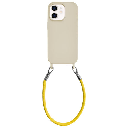 For iPhone 11 Integrated Lanyard Loops Shockproof Silicone Phone Case with Leather Hand Lanyard - Beige + Yellow - EDA009745923O