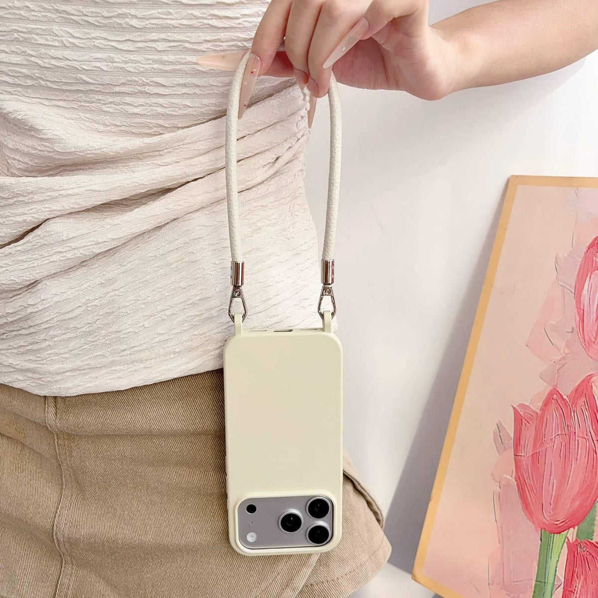 For iPhone 11 Integrated Lanyard Loops Shockproof Silicone Phone Case with Leather Hand Lanyard - Beige - EDA009745923Q