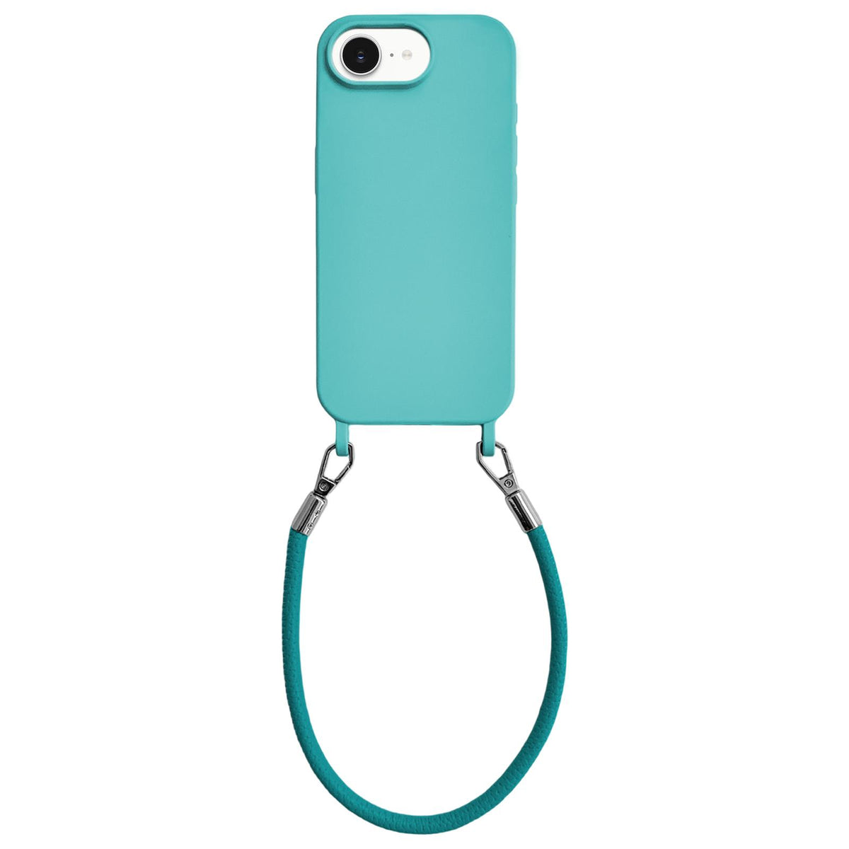 For iPhone 16e / 17e Integrated Lanyard Loops Shockproof Silicone Phone Case with Leather Hand Lanyard - Light Blue - EDA009745924B