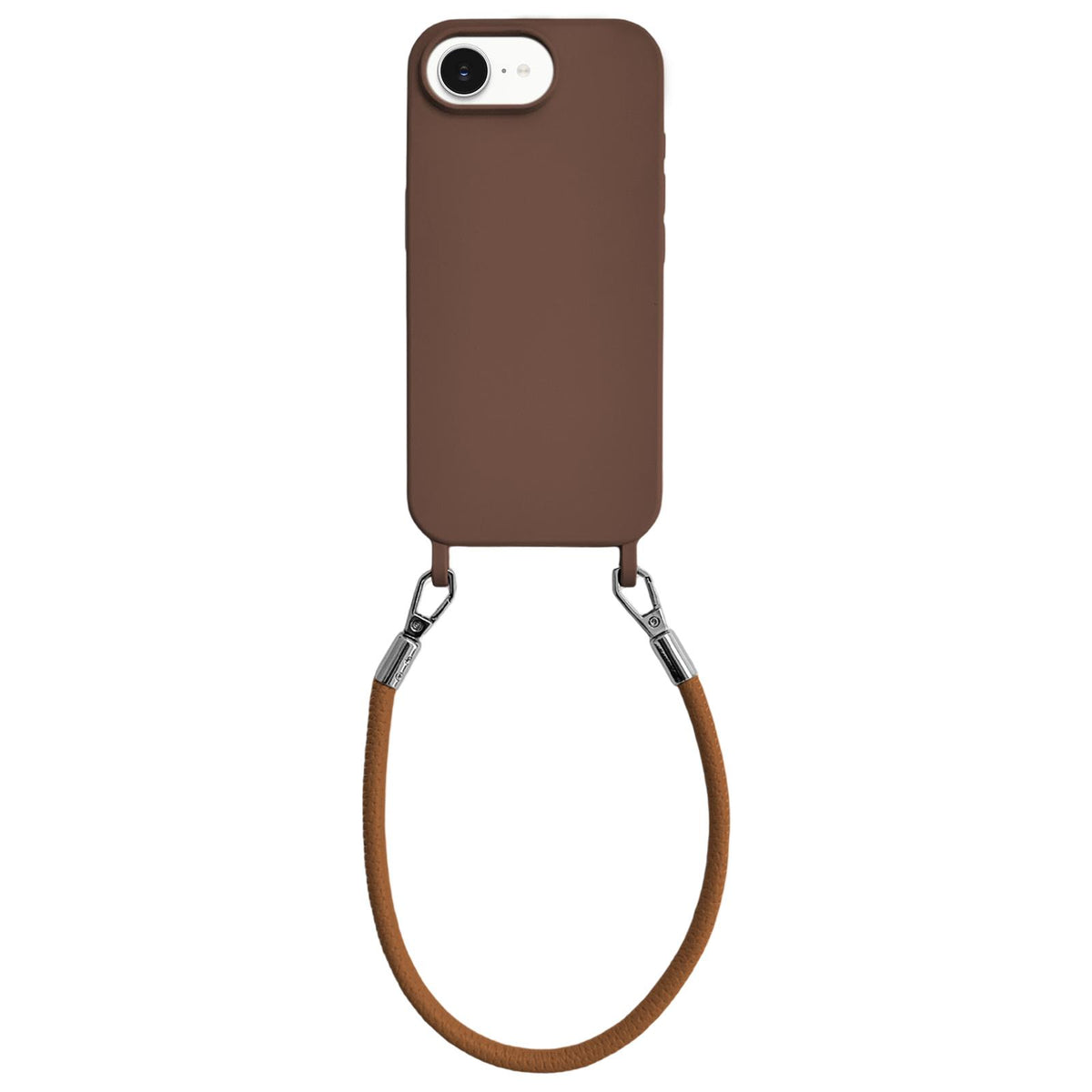 For iPhone 16e / 17e Integrated Lanyard Loops Shockproof Silicone Phone Case with Leather Hand Lanyard - Coffee - EDA009745924C