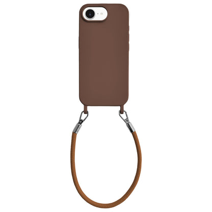 For iPhone 16e / 17e Integrated Lanyard Loops Shockproof Silicone Phone Case with Leather Hand Lanyard - Coffee - EDA009745924C