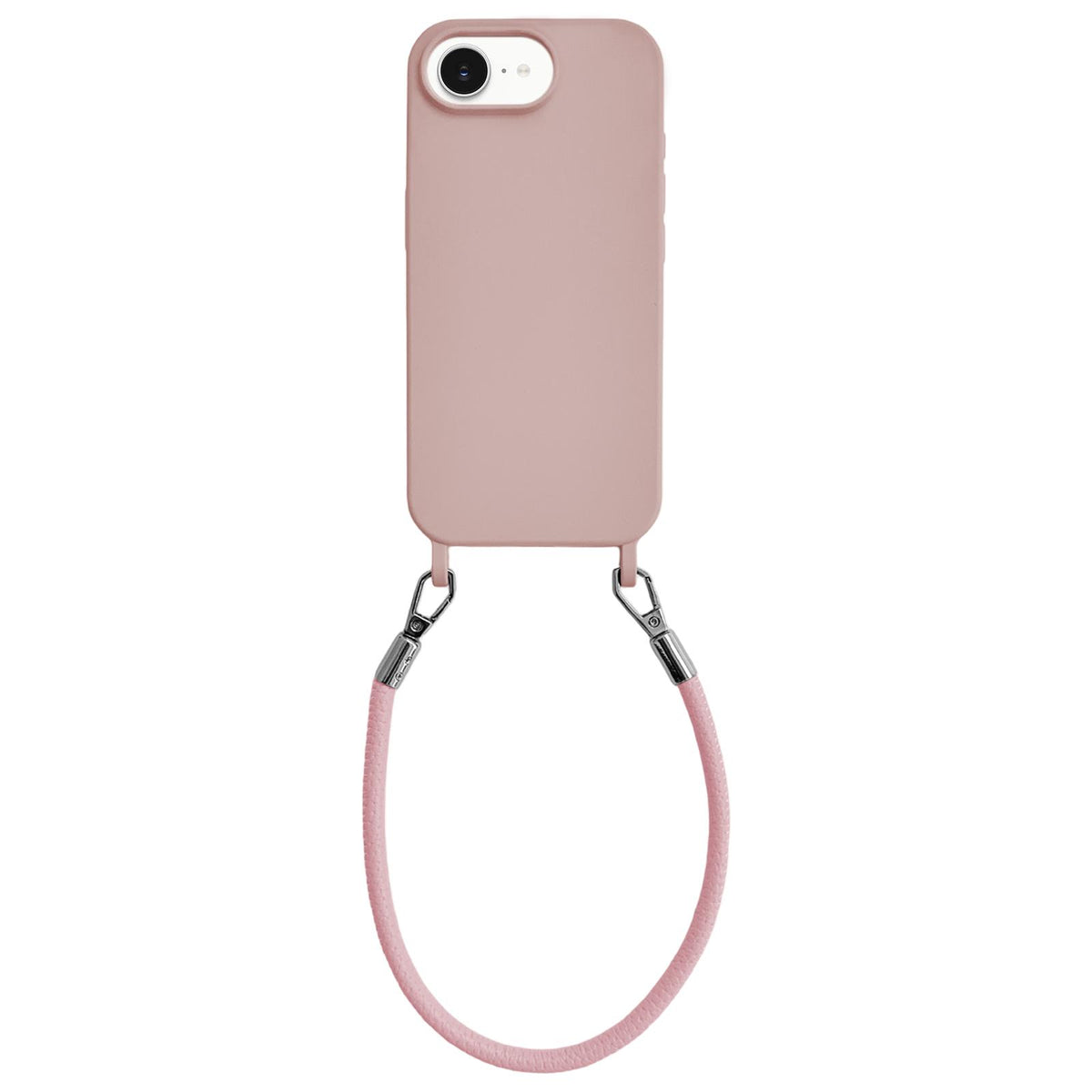 For iPhone 16e / 17e Integrated Lanyard Loops Shockproof Silicone Phone Case with Leather Hand Lanyard - Pink - EDA009745924E