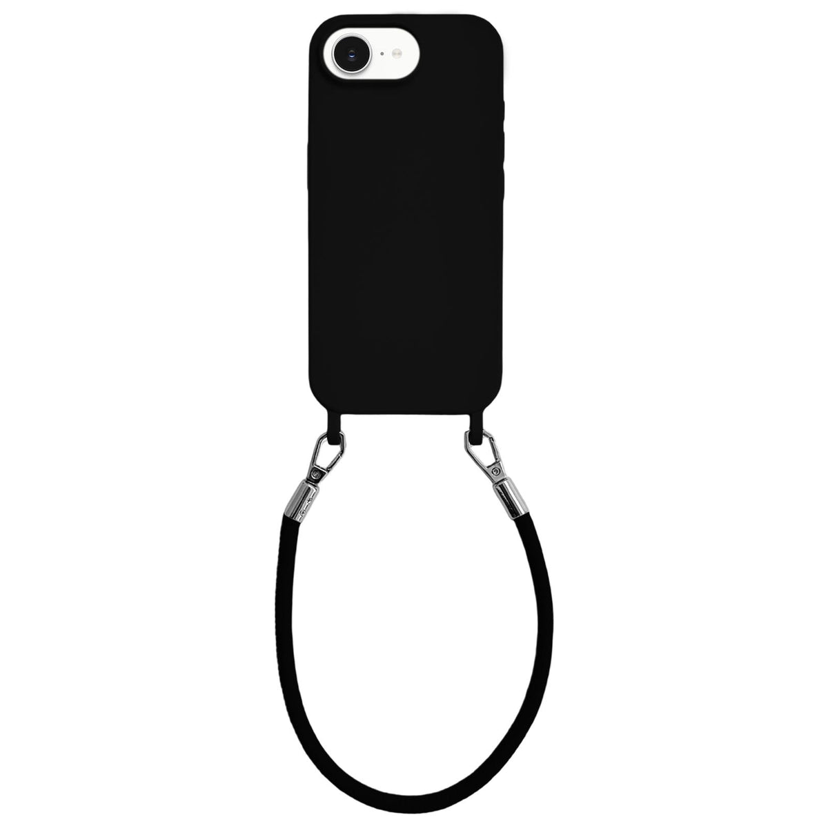 For iPhone 16e / 17e Integrated Lanyard Loops Shockproof Silicone Phone Case with Leather Hand Lanyard - Black - EDA009745924F