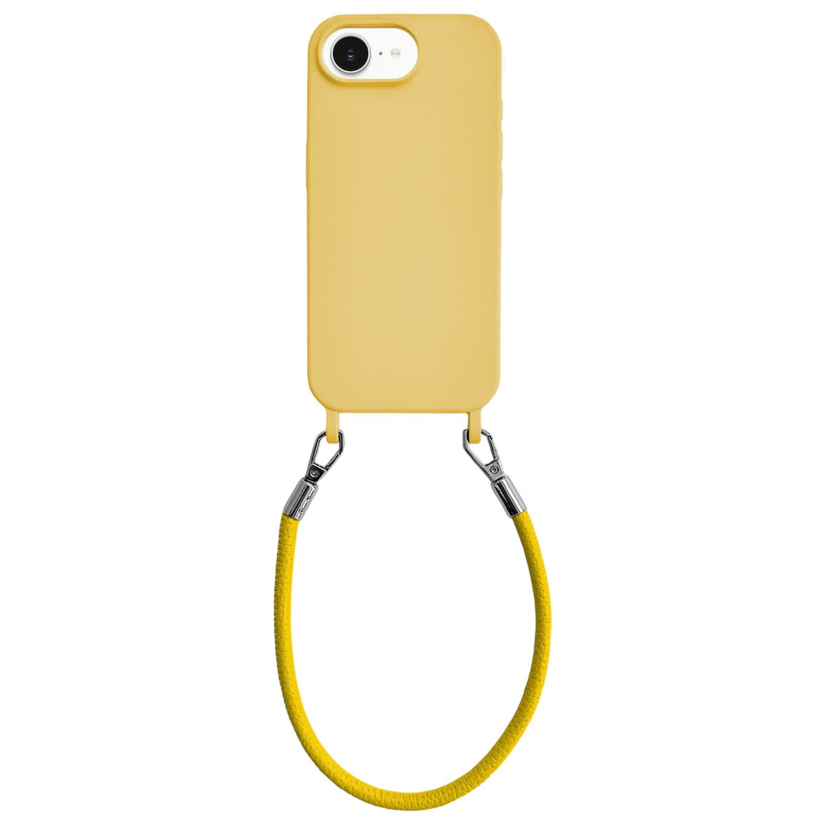For iPhone 16e / 17e Integrated Lanyard Loops Shockproof Silicone Phone Case with Leather Hand Lanyard - Yellow - EDA009745924G