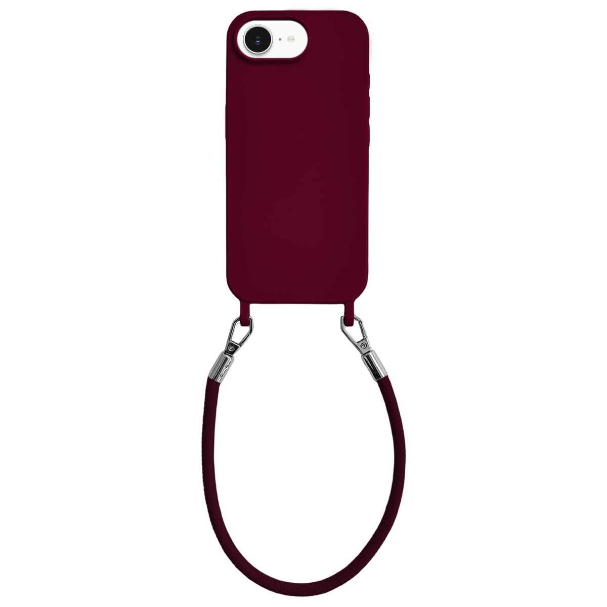 For iPhone 16e / 17e Integrated Lanyard Loops Shockproof Silicone Phone Case with Leather Hand Lanyard - Wine Red - EDA009745924H
