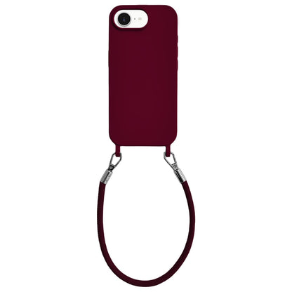 For iPhone 16e / 17e Integrated Lanyard Loops Shockproof Silicone Phone Case with Leather Hand Lanyard - Wine Red - EDA009745924H