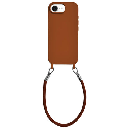 For iPhone 16e / 17e Integrated Lanyard Loops Shockproof Silicone Phone Case with Leather Hand Lanyard - Brown - EDA009745924I