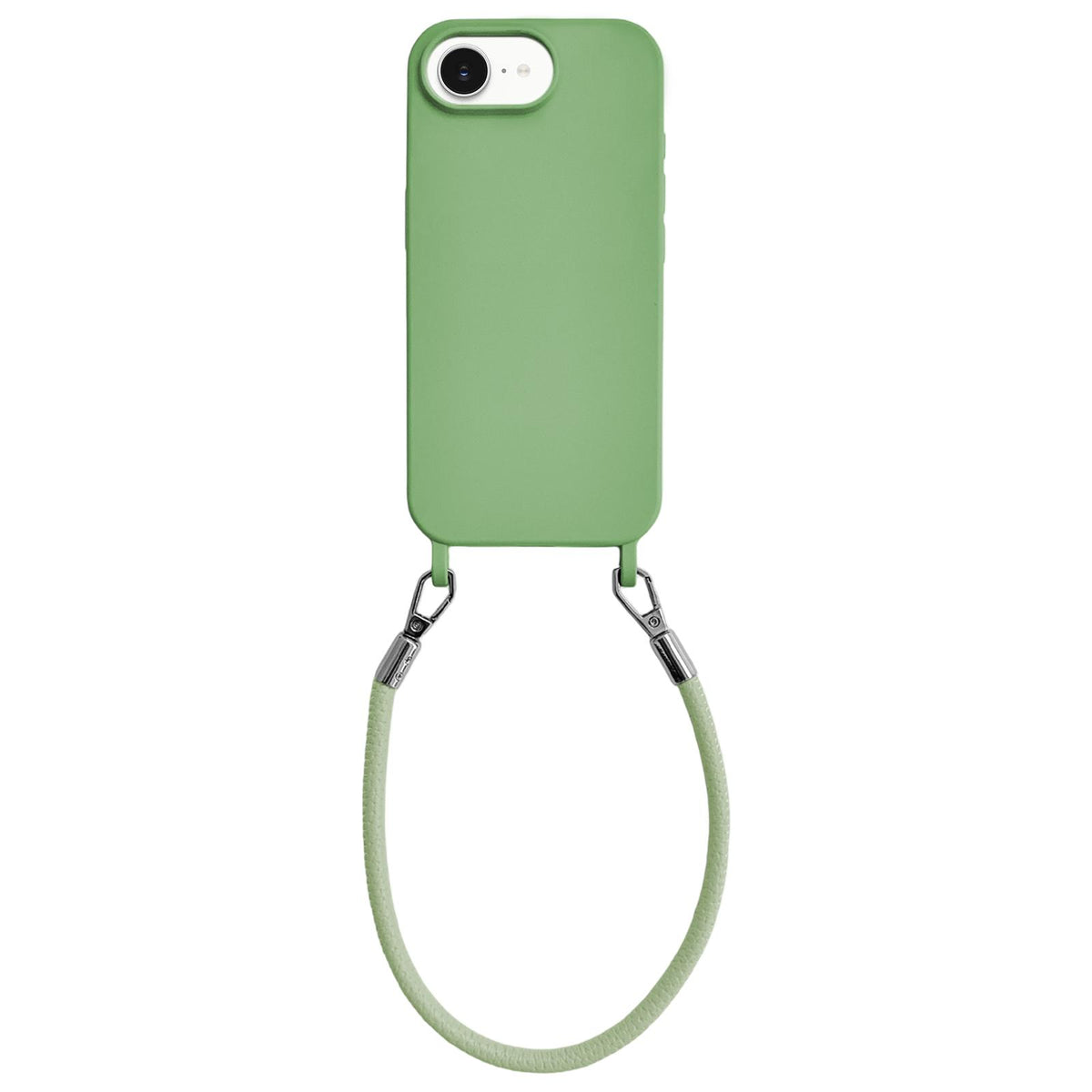 For iPhone 16e / 17e Integrated Lanyard Loops Shockproof Silicone Phone Case with Leather Hand Lanyard - Green - EDA009745924J