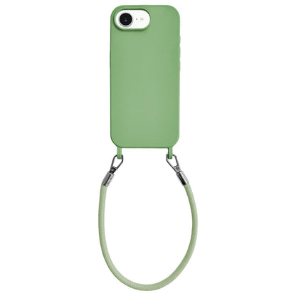 For iPhone 16e / 17e Integrated Lanyard Loops Shockproof Silicone Phone Case with Leather Hand Lanyard - Green - EDA009745924J