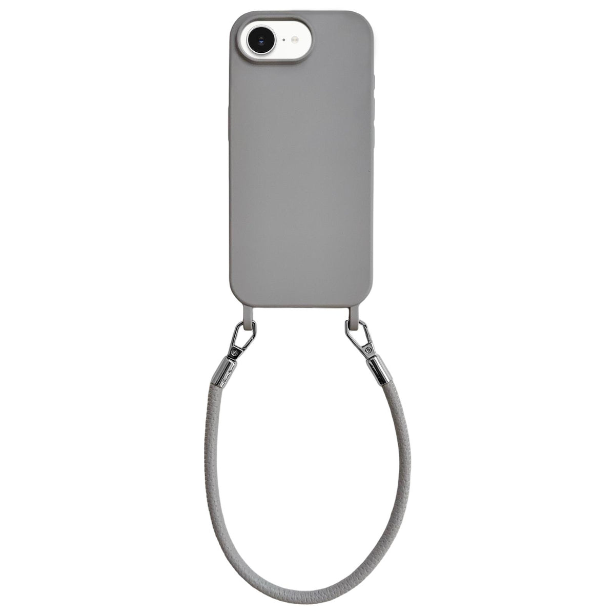 For iPhone 16e / 17e Integrated Lanyard Loops Shockproof Silicone Phone Case with Leather Hand Lanyard - Gray - EDA009745924K