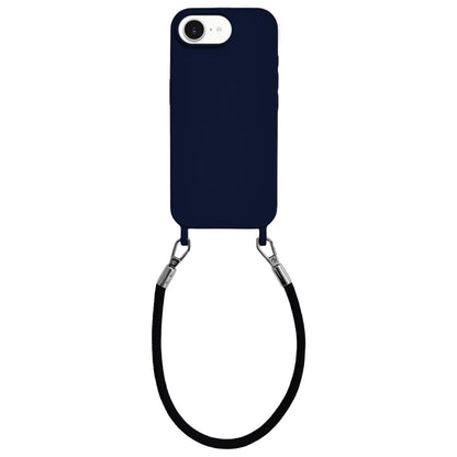 For iPhone 16e / 17e Integrated Lanyard Loops Shockproof Silicone Phone Case with Leather Hand Lanyard - Dark Blue - EDA009745924L