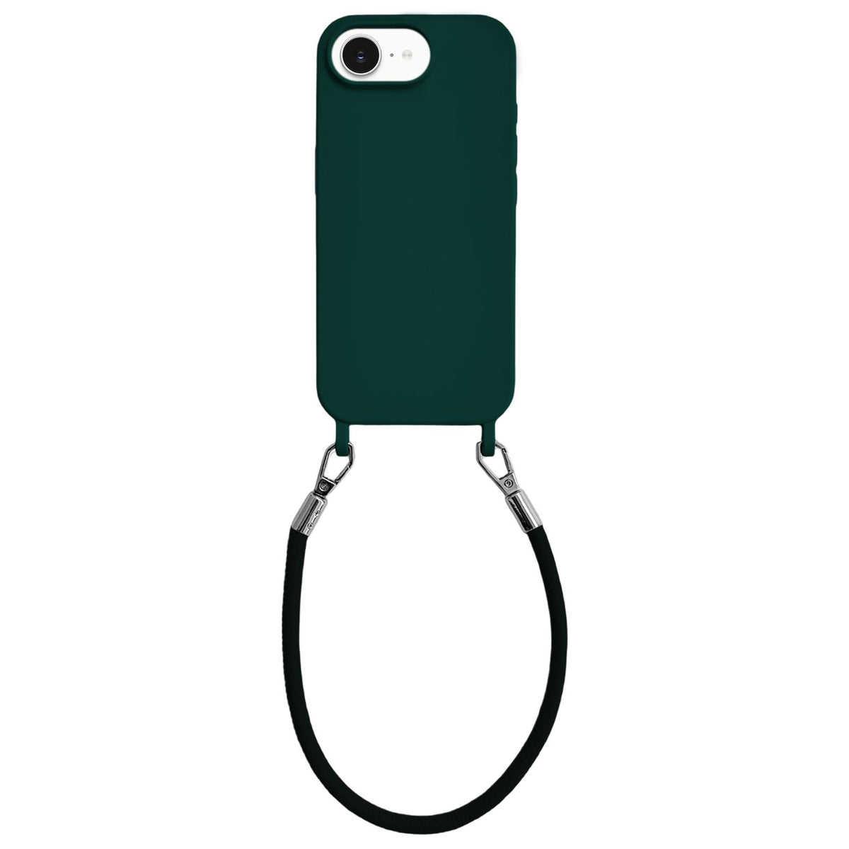 For iPhone 16e / 17e Integrated Lanyard Loops Shockproof Silicone Phone Case with Leather Hand Lanyard - Dark Green - EDA009745924M