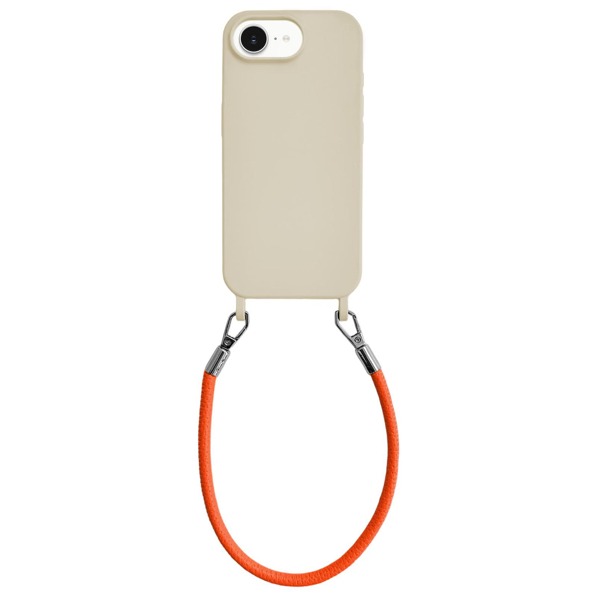 For iPhone 16e / 17e Integrated Lanyard Loops Shockproof Silicone Phone Case with Leather Hand Lanyard - Beige + Orange - EDA009745924N