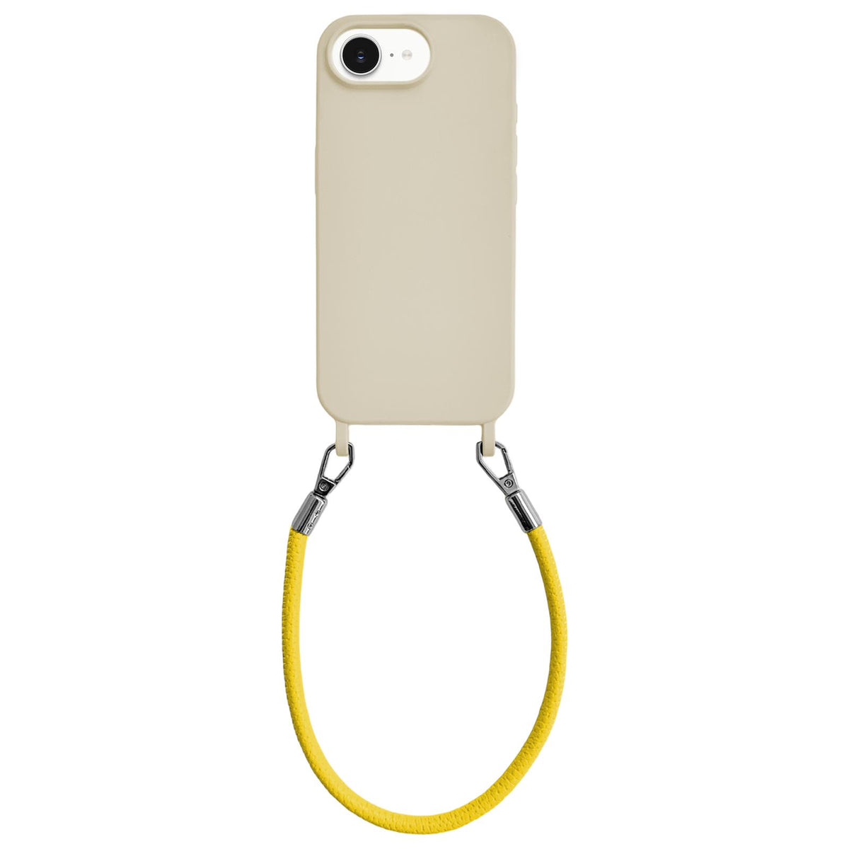 For iPhone 16e / 17e Integrated Lanyard Loops Shockproof Silicone Phone Case with Leather Hand Lanyard - Beige + Yellow - EDA009745924O