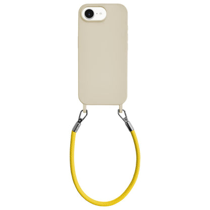 For iPhone 16e / 17e Integrated Lanyard Loops Shockproof Silicone Phone Case with Leather Hand Lanyard - Beige + Yellow - EDA009745924O