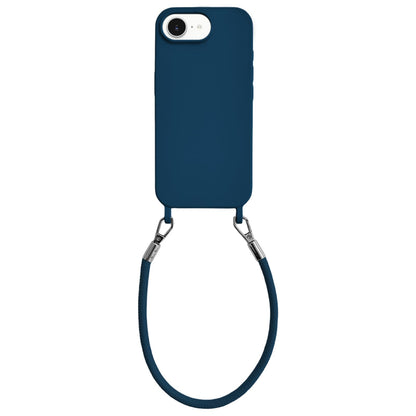 For iPhone 16e / 17e Integrated Lanyard Loops Shockproof Silicone Phone Case with Leather Hand Lanyard - Blue - EDA009745924P