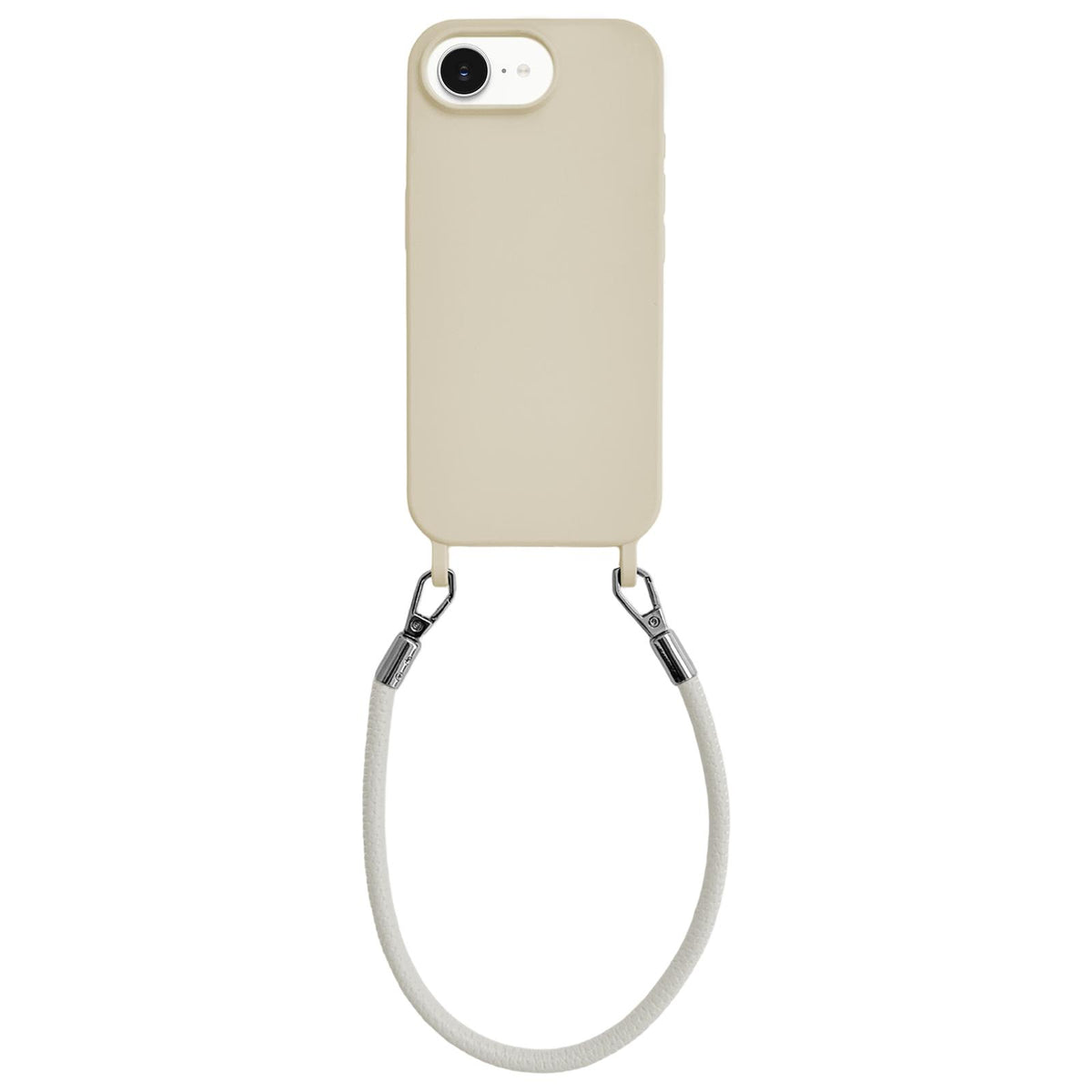 For iPhone 16e / 17e Integrated Lanyard Loops Shockproof Silicone Phone Case with Leather Hand Lanyard - Beige - EDA009745924Q