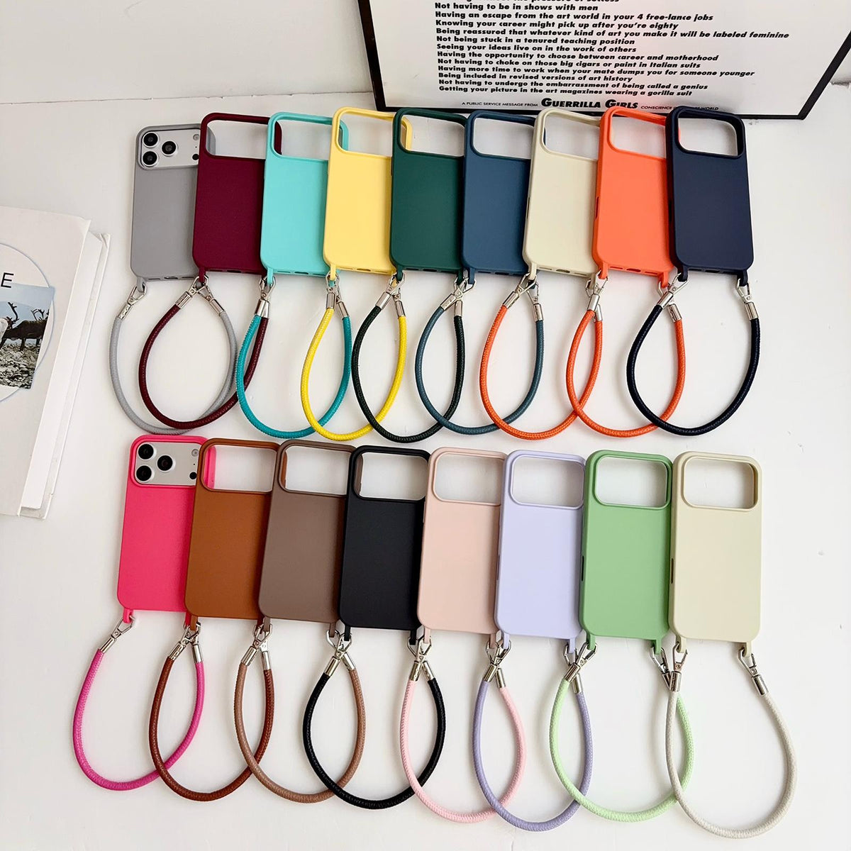 For iPhone 14 Pro Max Integrated Lanyard Loops Shockproof Silicone Phone Case with Leather Hand Lanyard - Pink - EDA009745916E