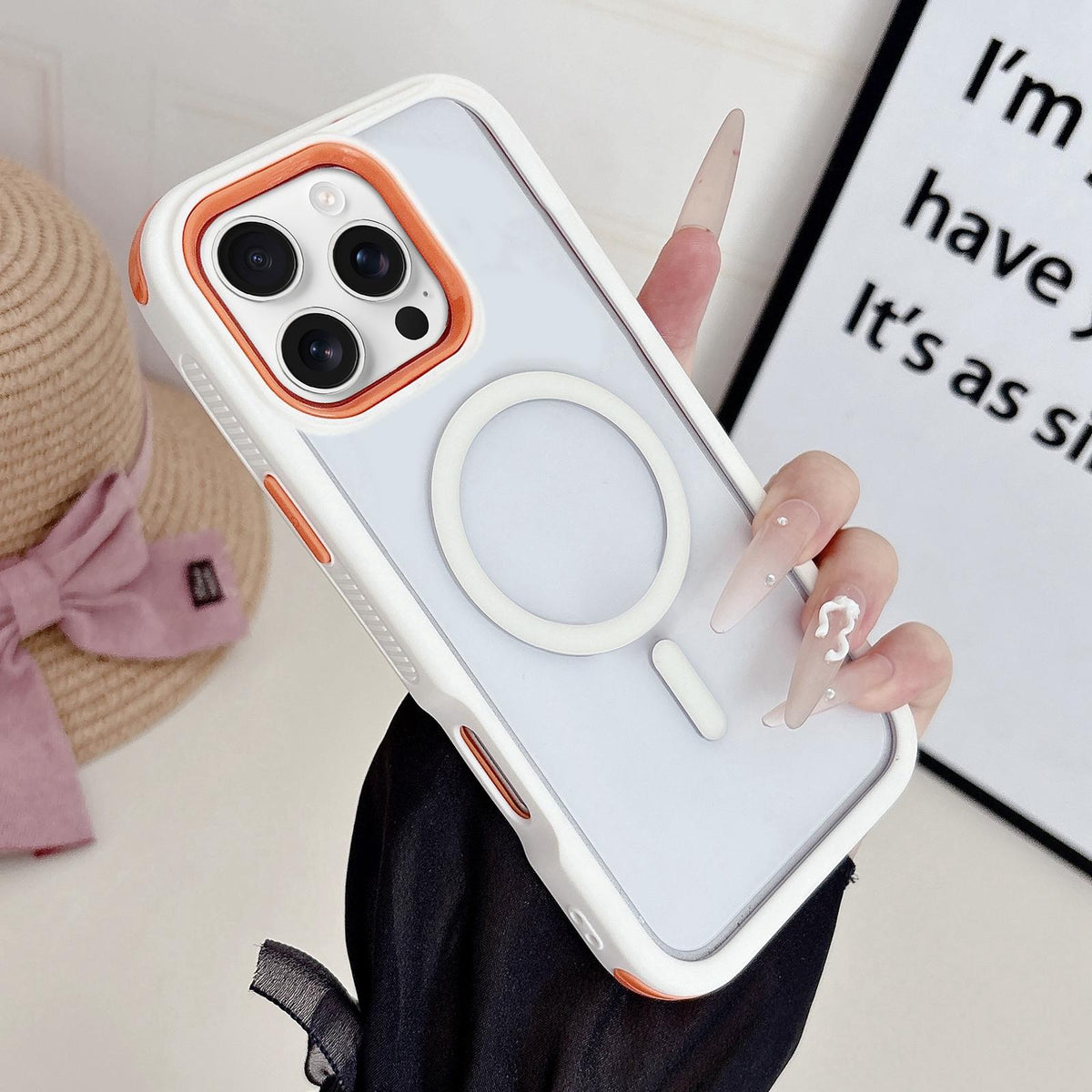 For iPhone 16 Pro Max Cool 3 in 1 Magnetic Anti-slip Edge Phone Case - White Orange - EDA009746005H