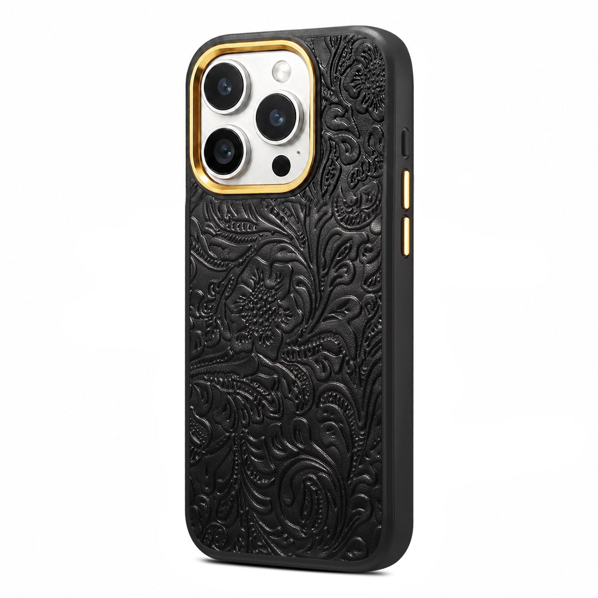 For iPhone 16 Pro Max Denior A26+2 Leather Retro Flower Texture Phone Case - Black - EDA009746603B