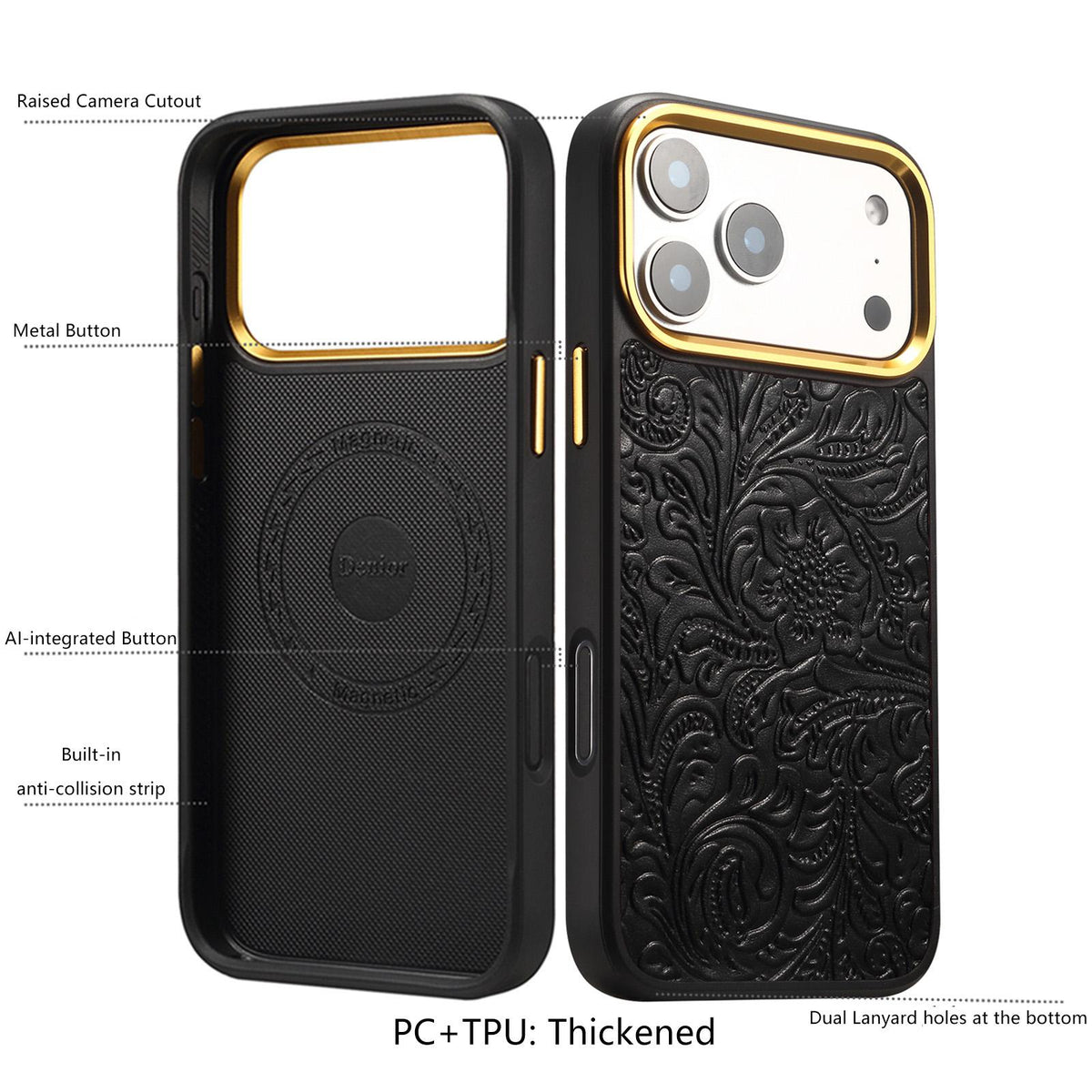 For iPhone 16 Pro Denior A26+2 Leather Retro Flower Texture Phone Case - Black - EDA009746604B