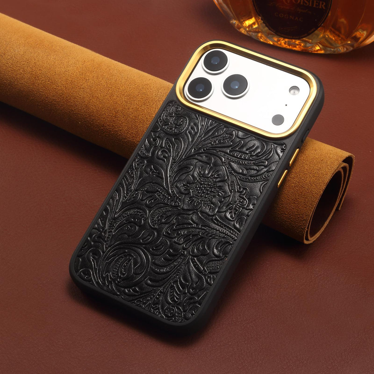 For iPhone 15 Pro Denior A26+2 Leather Retro Flower Texture Phone Case - Black - EDA009746606B