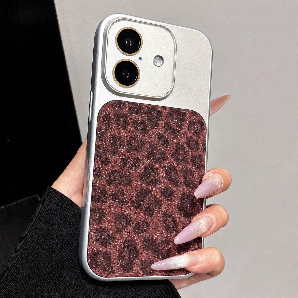 For iPhone 17 Large Window Full Coverage Glitter Leopard Print Phone Case - Wine Red - EDA009747003D