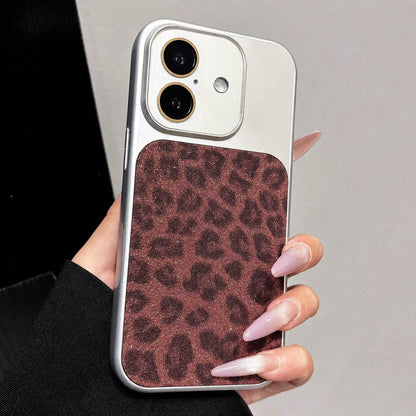 For iPhone 16 Large Window Full Coverage Glitter Leopard Print Phone Case - Wine Red - EDA009747008D