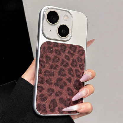For iPhone 15 Plus Large Window Full Coverage Glitter Leopard Print Phone Case - Wine Red - EDA009747011D