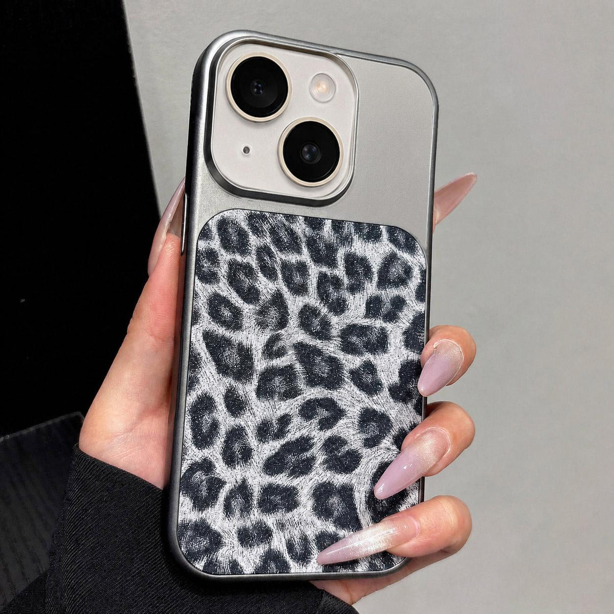 For iPhone 14 Plus Large Window Full Coverage Glitter Leopard Print Phone Case - Black - EDA009747013C