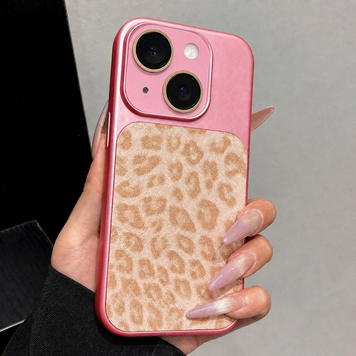 For iPhone 13 Large Window Full Coverage Glitter Leopard Print Phone Case - Pink - EDA009747019B