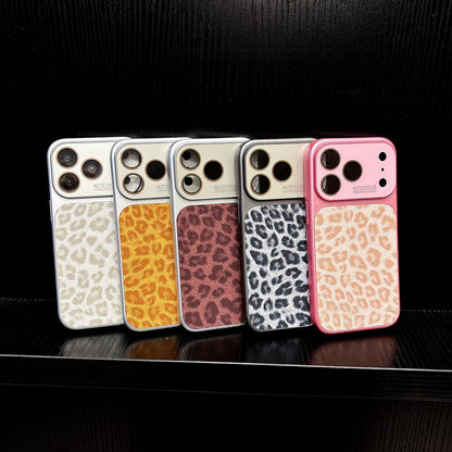 For iPhone 15 Large Window Full Coverage Glitter Leopard Print Phone Case - Pink - EDA009747012B