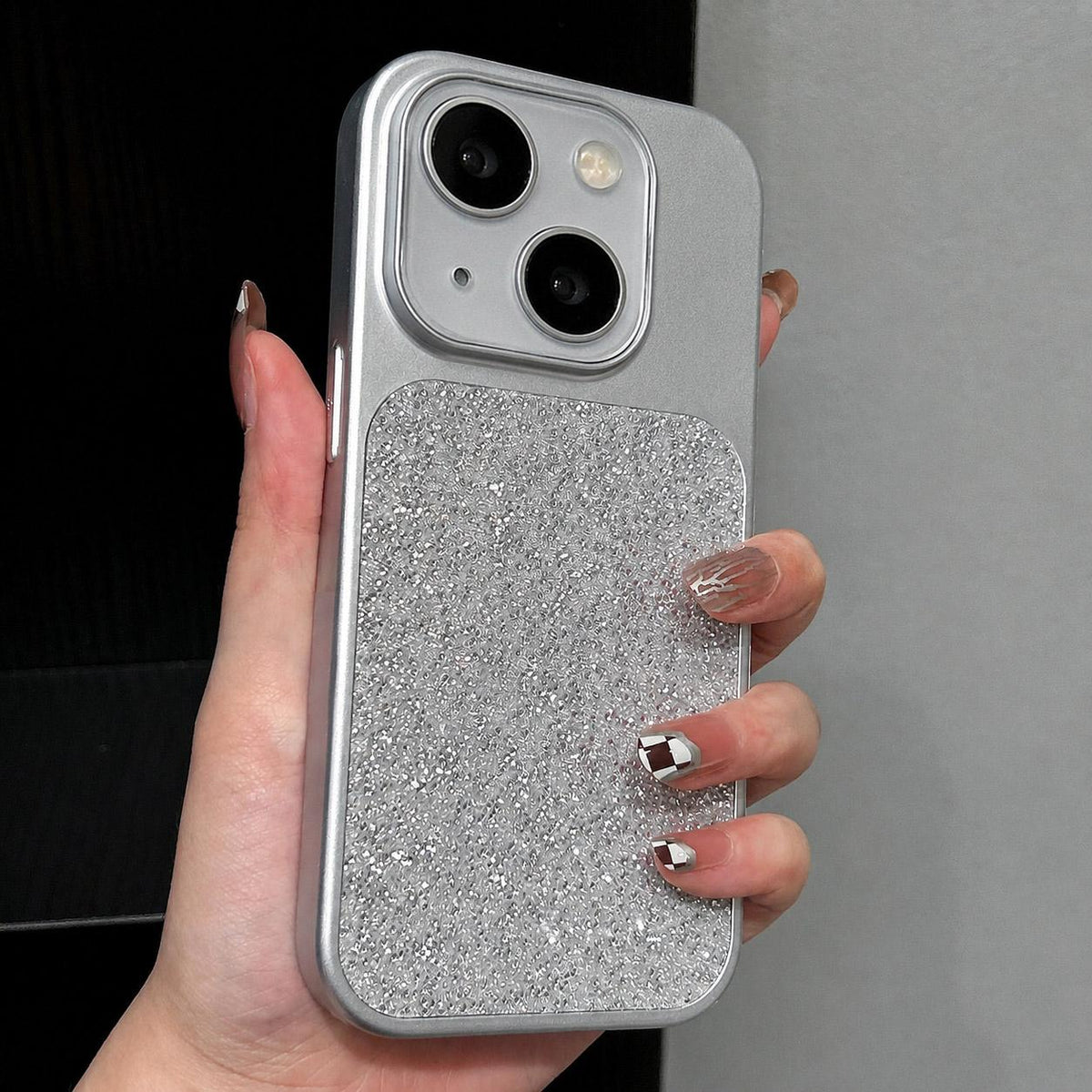 For iPhone 13 Large Window Full Coverage Diamond Pattern Phone Case - Silver - EDA009747219E