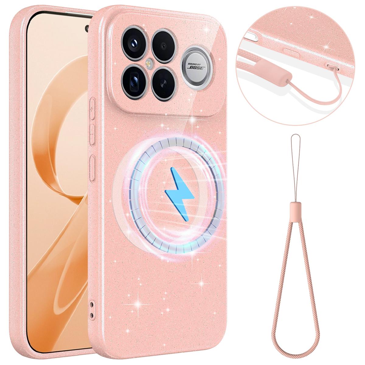 For Redmi K90 Pro Max / Poco F8 Ultra Fine Hole Glossy Glitter Magnetic TPU Phone Case with Same Color Hand Strap(Pink)