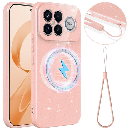 For Redmi K90 Pro Max / Poco F8 Ultra Fine Hole Glossy Glitter Magnetic TPU Phone Case with Same Color Hand Strap(Pink)
