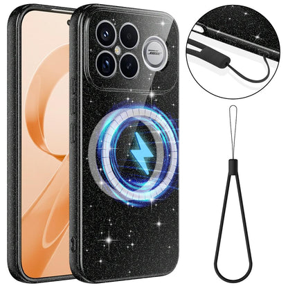For Redmi K90 Pro Max / Poco F8 Ultra Fine Hole Glossy Glitter Magnetic TPU Phone Case with Same Color Hand Strap(Black)