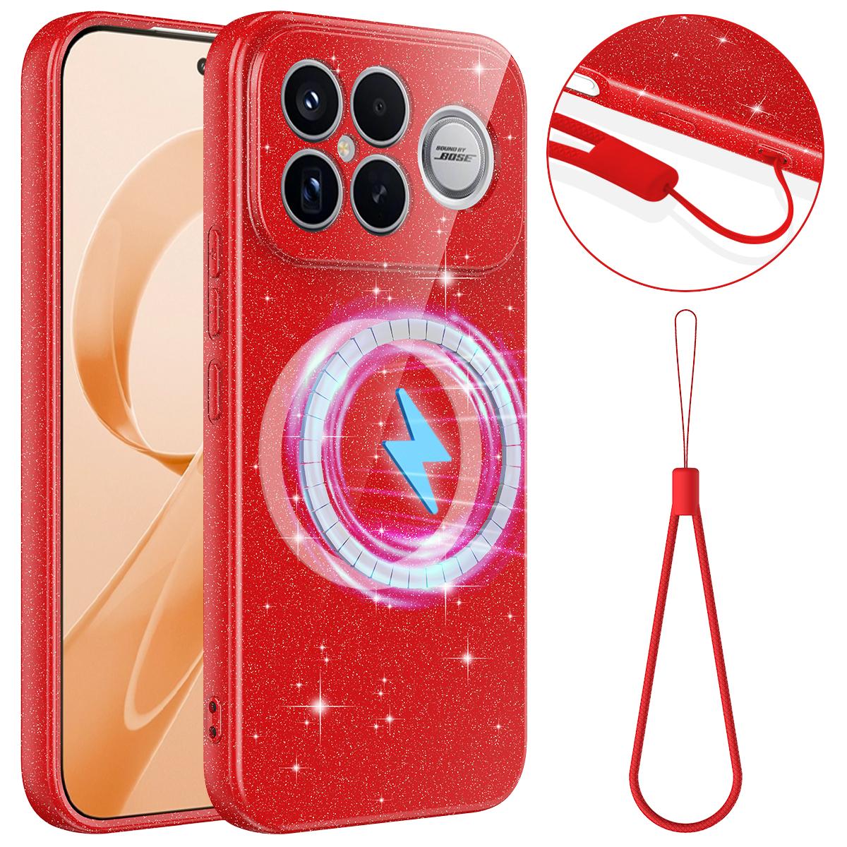 For Redmi K90 Pro Max / Poco F8 Ultra Fine Hole Glossy Glitter Magnetic TPU Phone Case with Same Color Hand Strap(Red)