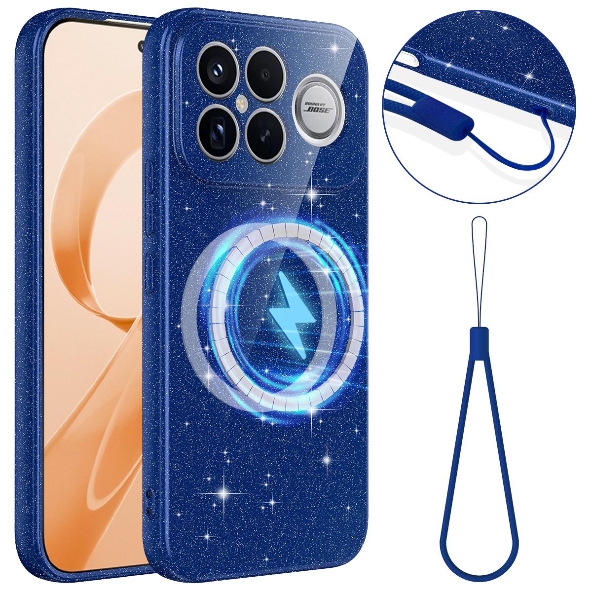 For Redmi K90 Pro Max / Poco F8 Ultra Fine Hole Glossy Glitter Magnetic TPU Phone Case with Same Color Hand Strap(Blue)